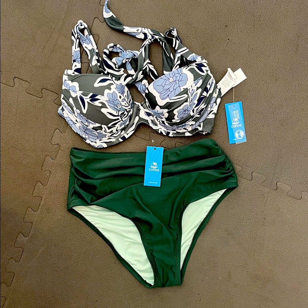 Cupshe Bikini with Dark Green Bottoms. Top is DD full coverage bottom is medium